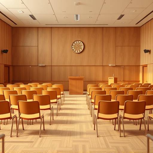 Aula de oratoria con sillas y un podio.