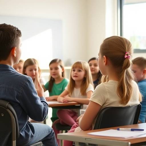 Niños practicando oratoria durante una clase.